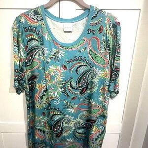 XL Blue Paisley Pattern Short Sleeve Top - German Brand Madeleine